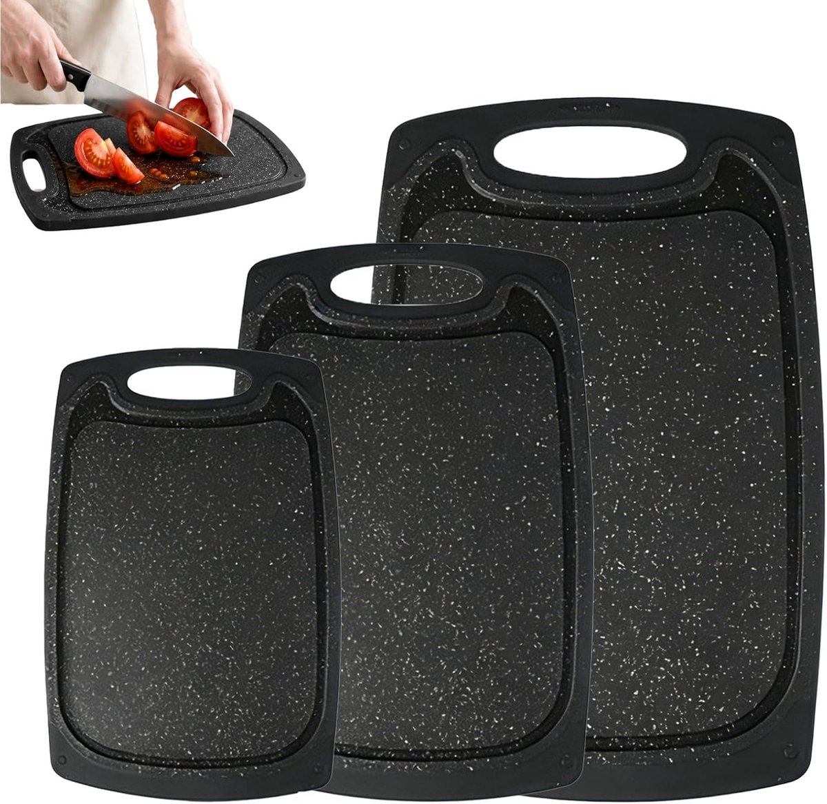 kunststof met 3 maten, dubbelzijdige snijplank, BPA-vrije snijplanken, snijplankset met antislip handgrepen, snijplank voor keuken (zwart)