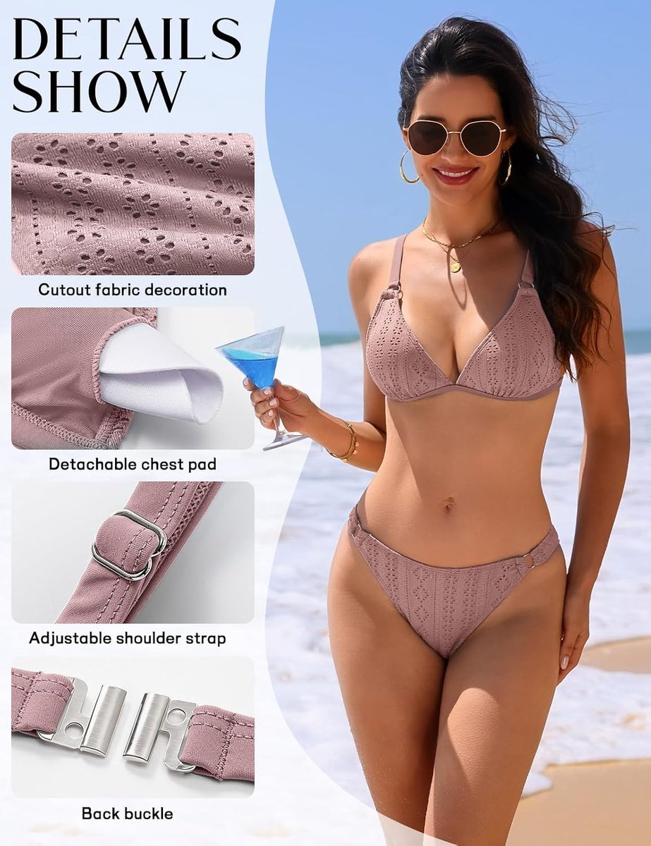 2-delig sexy metalen design, bedrukt, met uitsparingen, driehoekige bikini voor dames, V-hals, lage taille, badpak voor dames