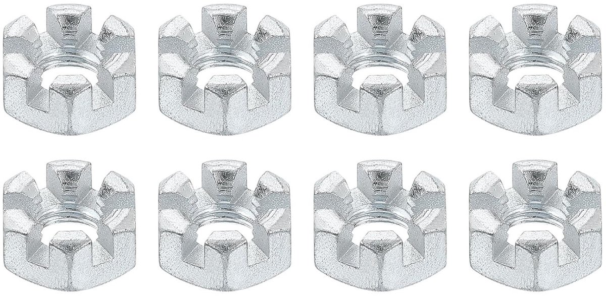 1/4-28 Zeskantmoeren met sleuf, graad 6,8 zeskantmoeren van verzinkt koolstofstaal, geschikt voor mechanische reparaties, zilver, 8 stuks