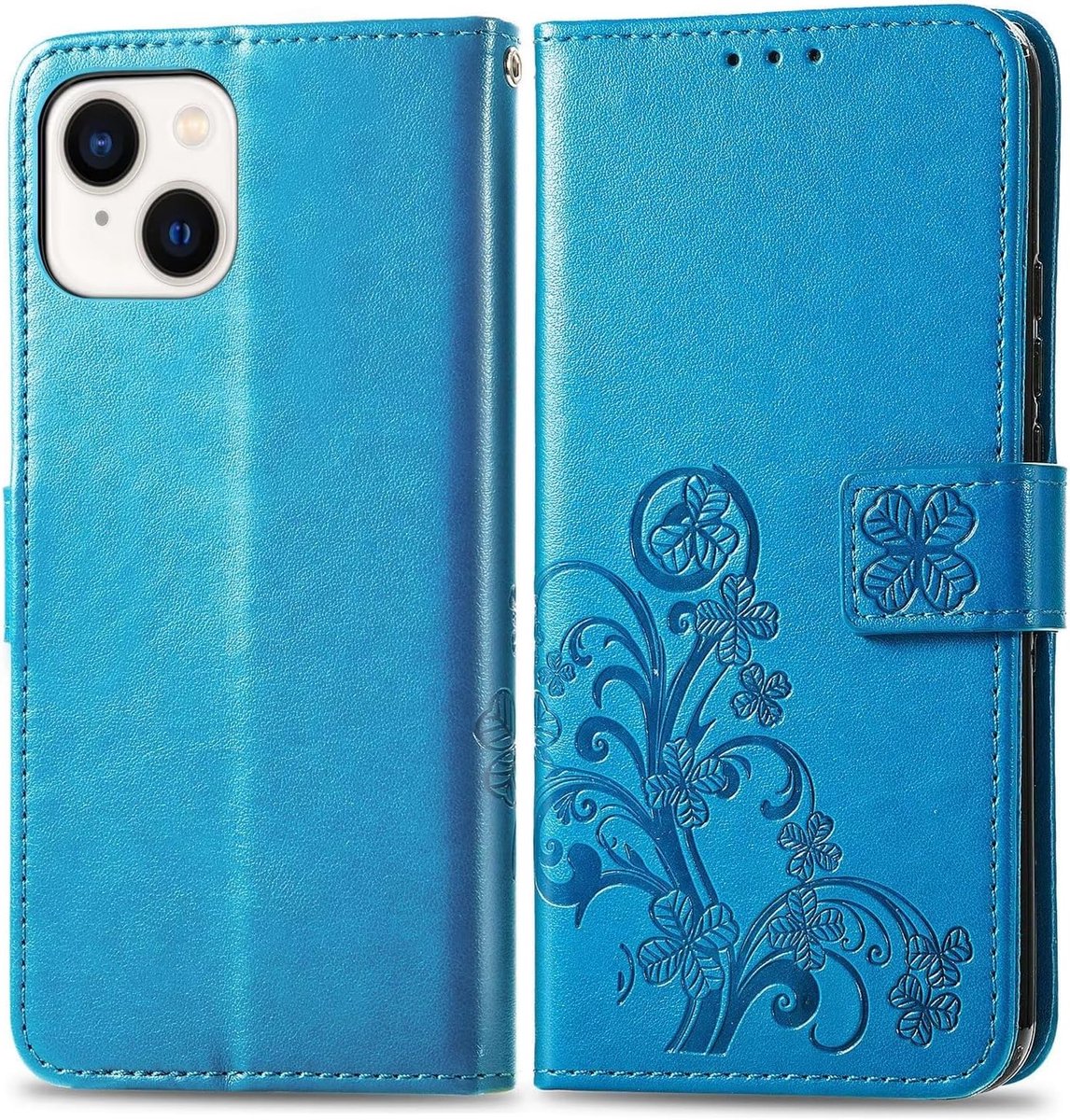 Leren hoesje voor iPhone 15 (6,1 inch), Portemonneehoesje met 3 kaartvakken, 1 muntvak - blauw