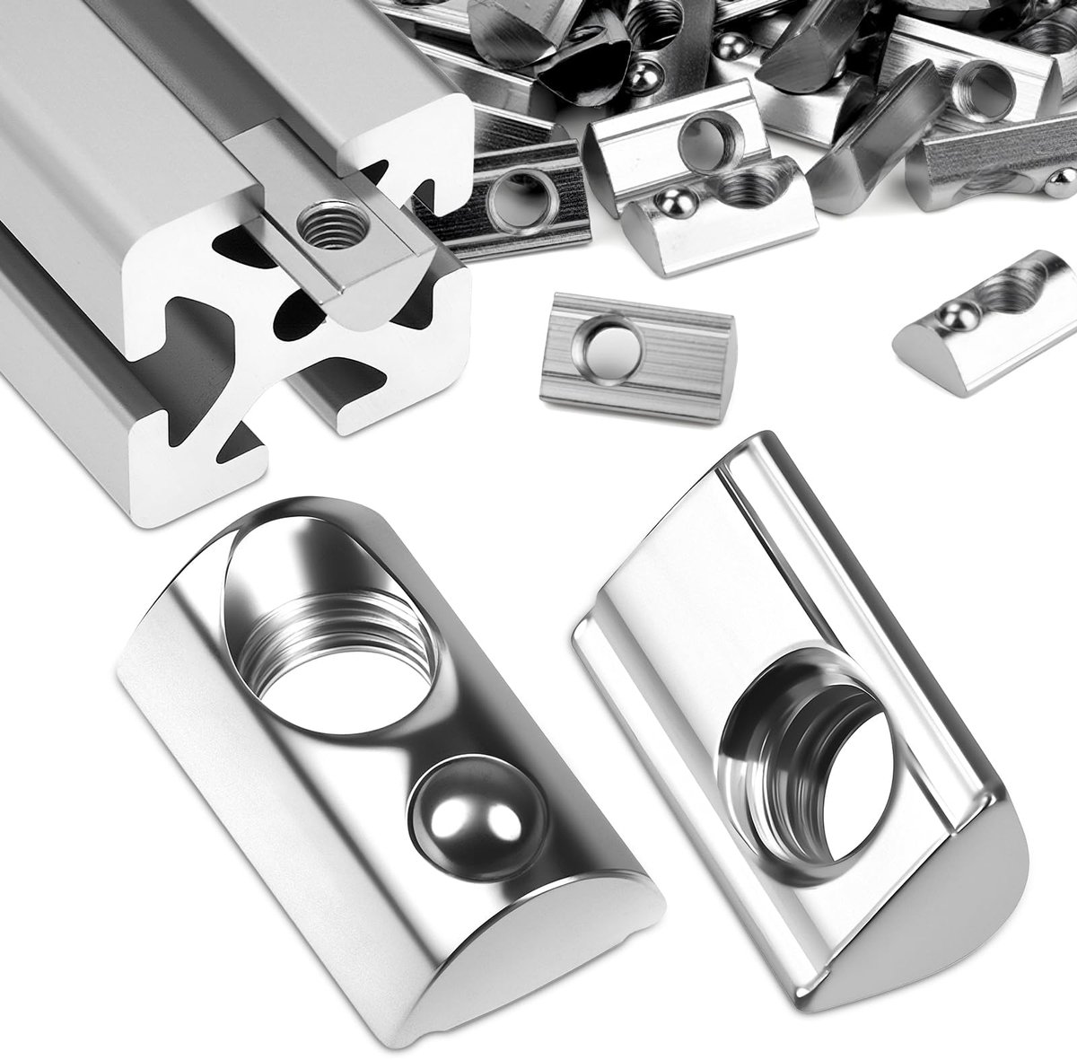 40 stuks Nutensteinen M6 Groef 8 T Nutstukschroeven 40-serie M6 Aluminium profiel 40x40 Vernikkelde koolstofstaal glijmoer met veerkogel voor Alu C profiel 3D printer CNC Europanorm (zilver)