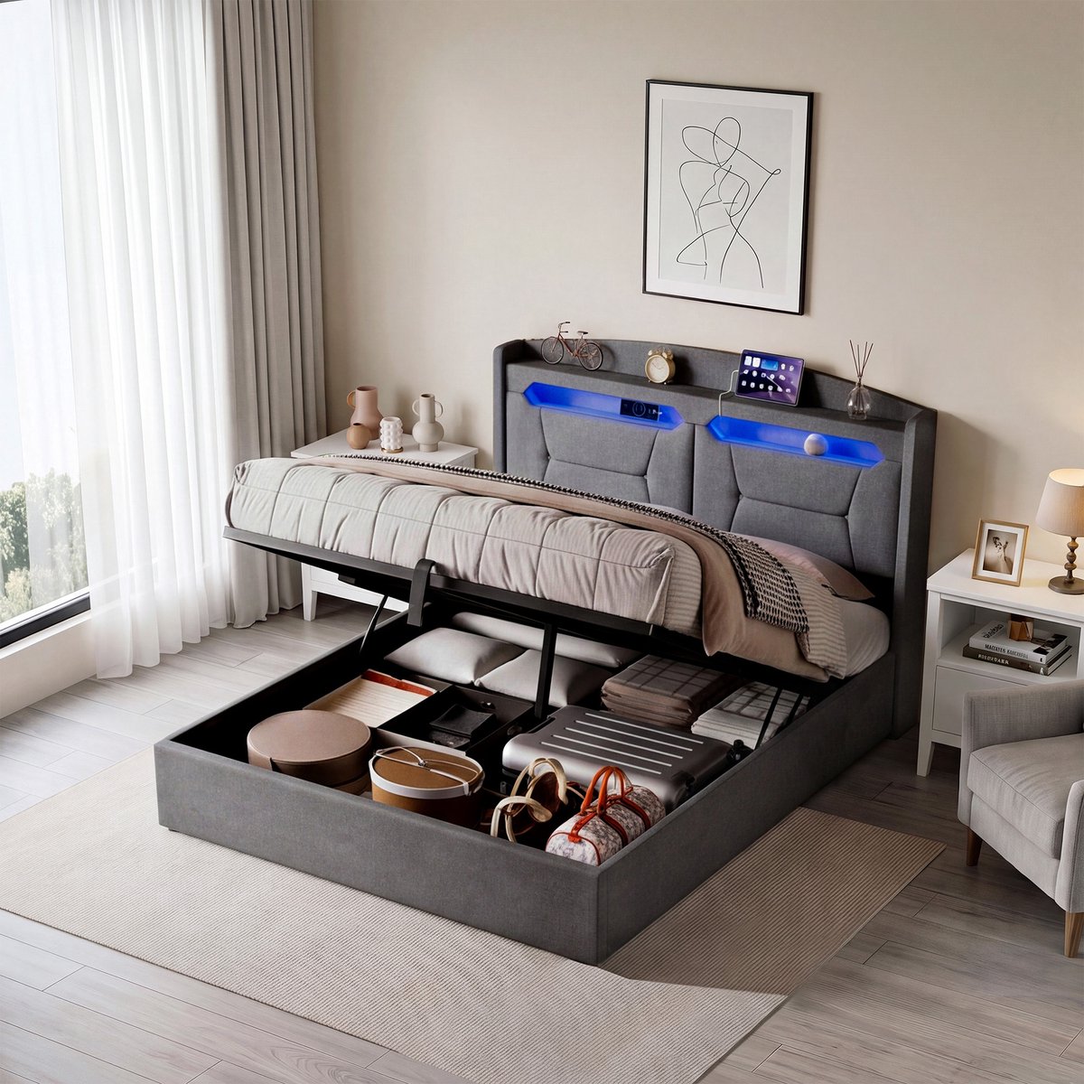 Opbergbed 140x190 cm met RGB-ledverlichting, Tweepersoonsbed gestoffeerd met functioneel hoofdbord, EU-, USB- en Type-C-aansluitingen, lattenbodem, bedframe, linnen Grijs