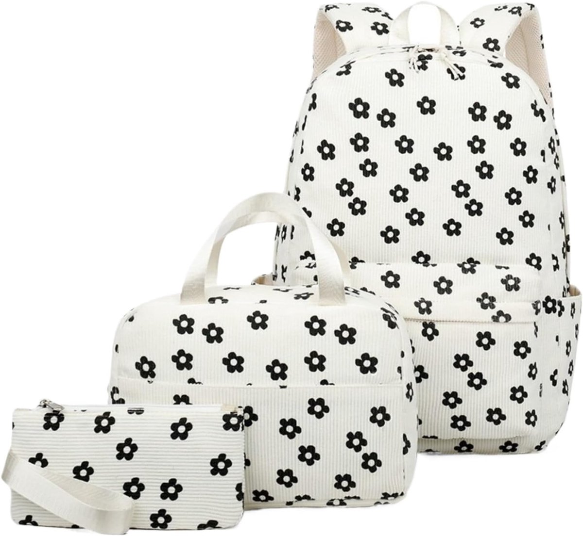 Reisrugzak - Schoolrugzak - Rugzakset van 3 Stuks van Corduroy - Lunchtas en Opbergtasje - Casual Dagrugzak voor Vrouwen - Wit