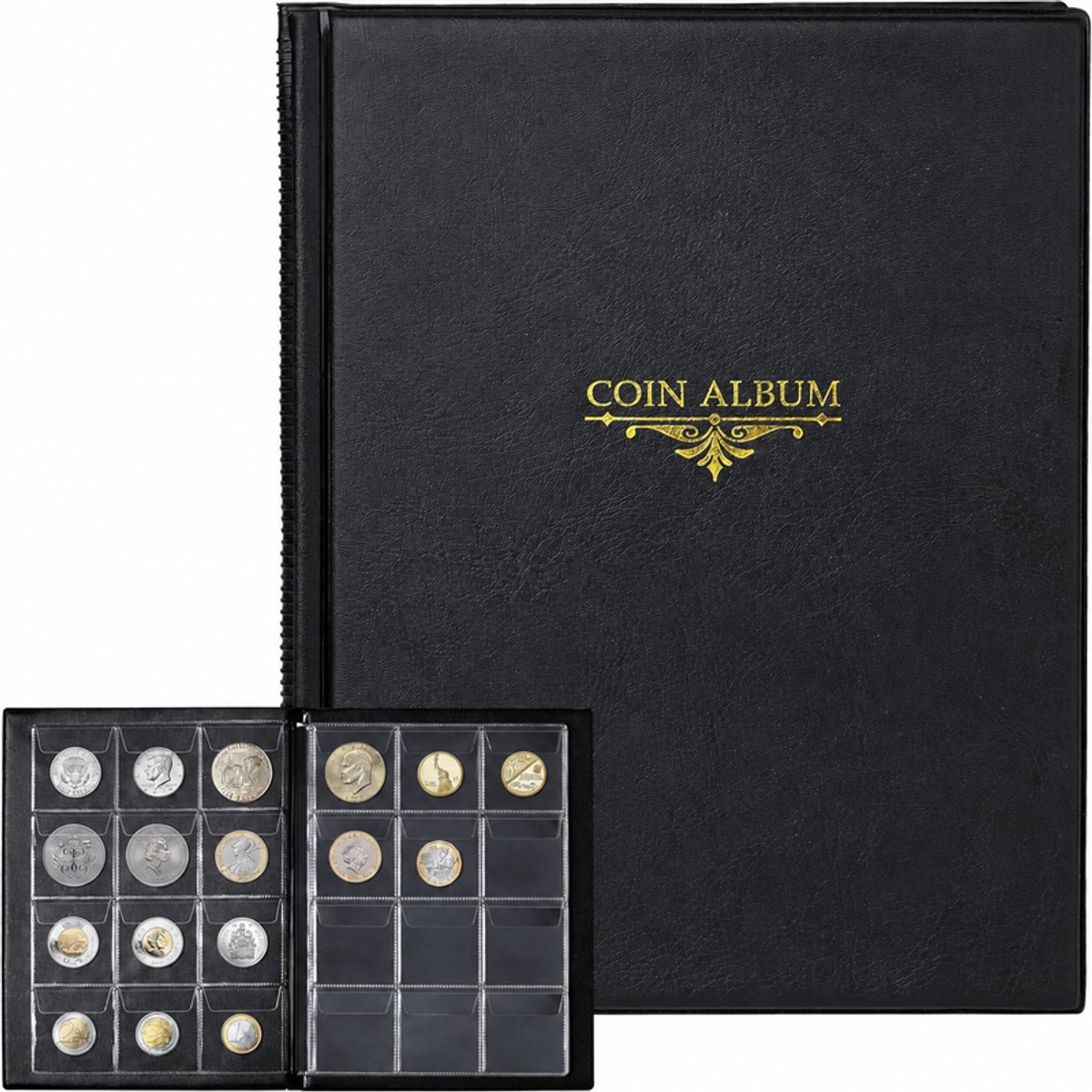 2 muntenalbums, 120 vakjes | Muntenalbum, 10 pagina's, vakjes van 30 x 30 mm met raster, geschikt voor ponden en centen