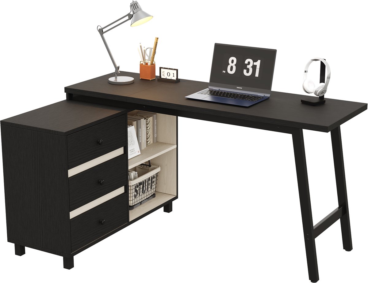 Hoekbureau - Computertafel Met Laden Opbergvakken 150x100cm - Zwart