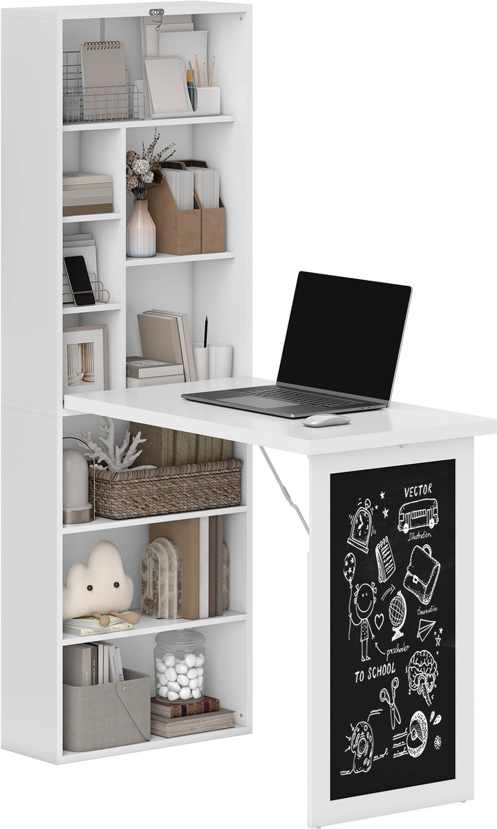 Inklapbaar computerbureau, bureau met opslag, inklapbare wandtafel met bibliotheek, werkstation, krijttafel en verstelbare plank, wit