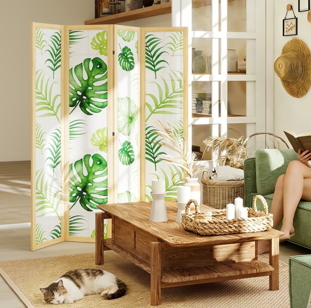 REDOM - Kamerscherm - 4-delig opvouwbaar - 180° draaibare scharnieren - Boho botanische stijl - Woonkamer en thuiskantoor - Hout - Naturel hout - 160 x 1,8 x 170 cm