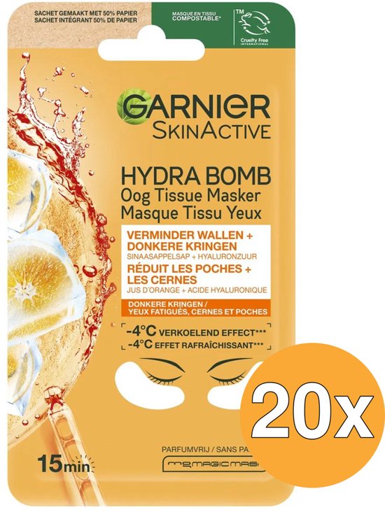 Garnier Skinactive Hydra Bomb oogmaskers, 20 stuks, met sinaasappelsap en hyaluronzuur.