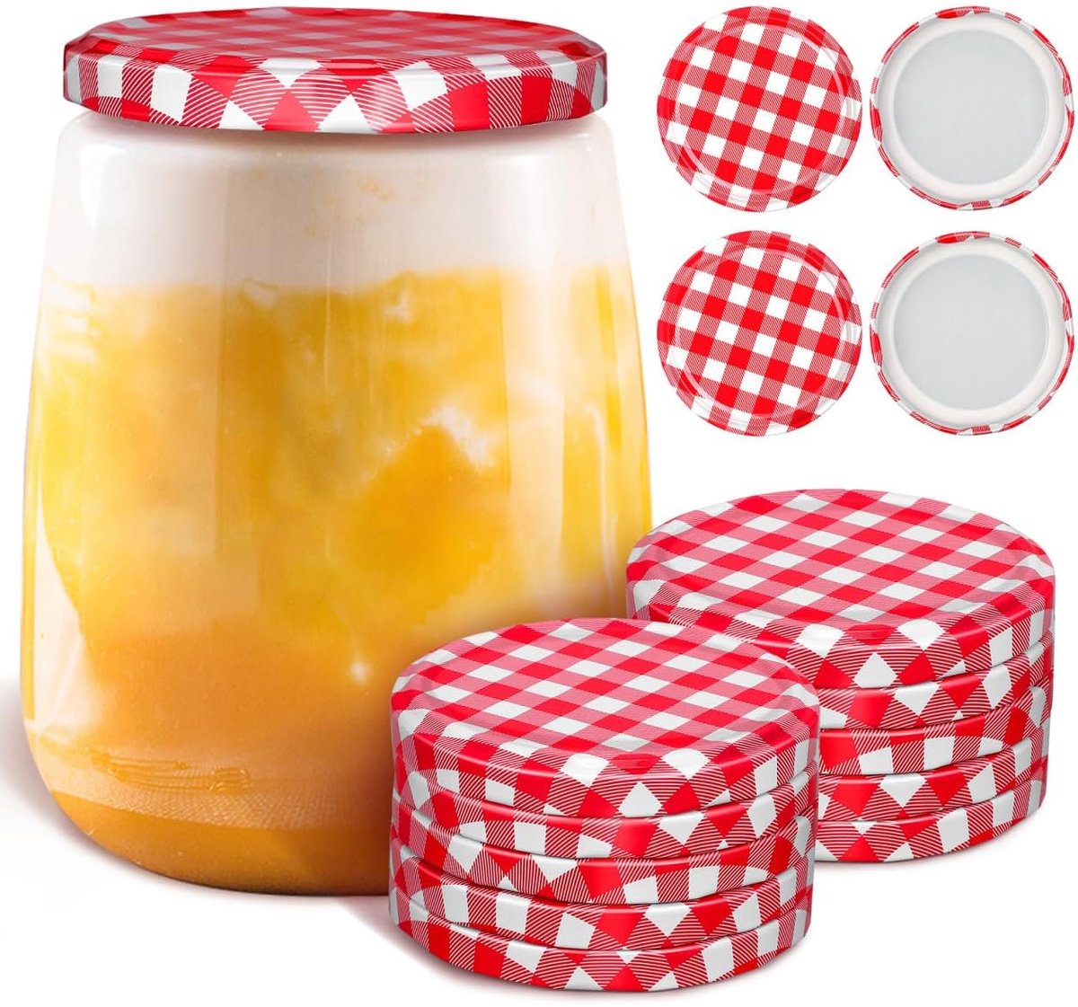 KZQ 40 Jampotdeksels - Standaard opening van 6,5 cm - Lekvrije vervangingsdeksels - Geschikt voor het inmaken en bewaren van jam, koffie, thee, koekjes, fruit en andere voedingsmiddelen - Rood stoffen patroon