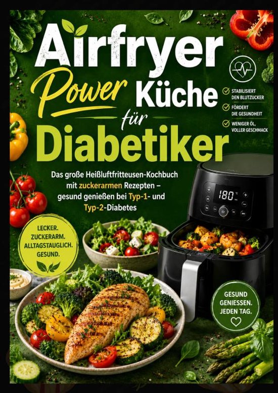 Boek "Airfryer Power Küche für Diabetiker" met airfryer en gegrilde kip met groenten.