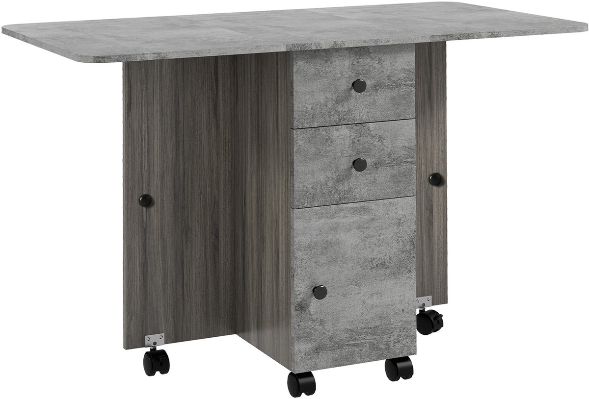 Keukentafel, opvouwbaar, 2 opklapbare dienbladen met 2 laden, 1 kast en 1 opbergrek, 120 x 60 x 76,5 cm, grijs