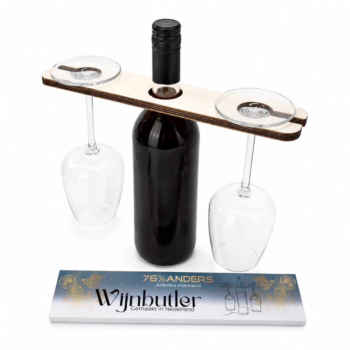 76%ANDERS Wijnbutler - houten houder voor 2 glazen - wijn cadeau - accessoire - cadeau voor wijnliefhebber