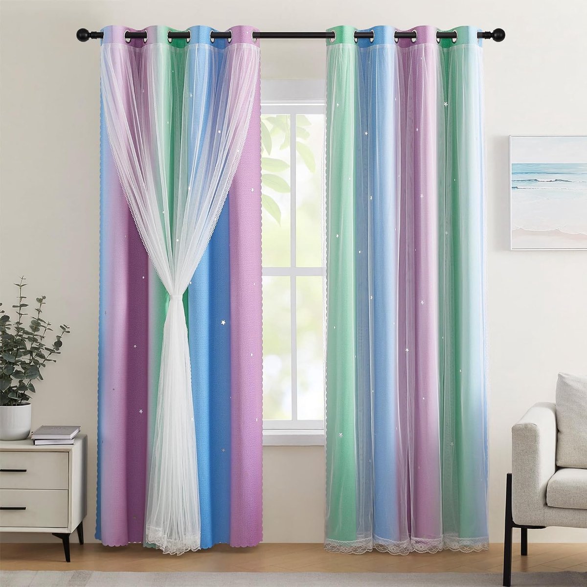 Zeestonen Verduisteringsgordijnen, thermisch, lichtspel, aquatische kleuren, 86 x 137 cm, voor serre, met sterrenperforatie en dubbele laag, groen/blauw/pur/86/137