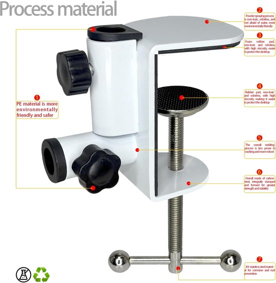Set van 2 bureauklemmen - verstelbare metalen C-klem met 1/2 draadgaten voor desktopmicrofoonstandaard, lamp en camera - Heavy Duty witte klemvoet — afbeelding 3