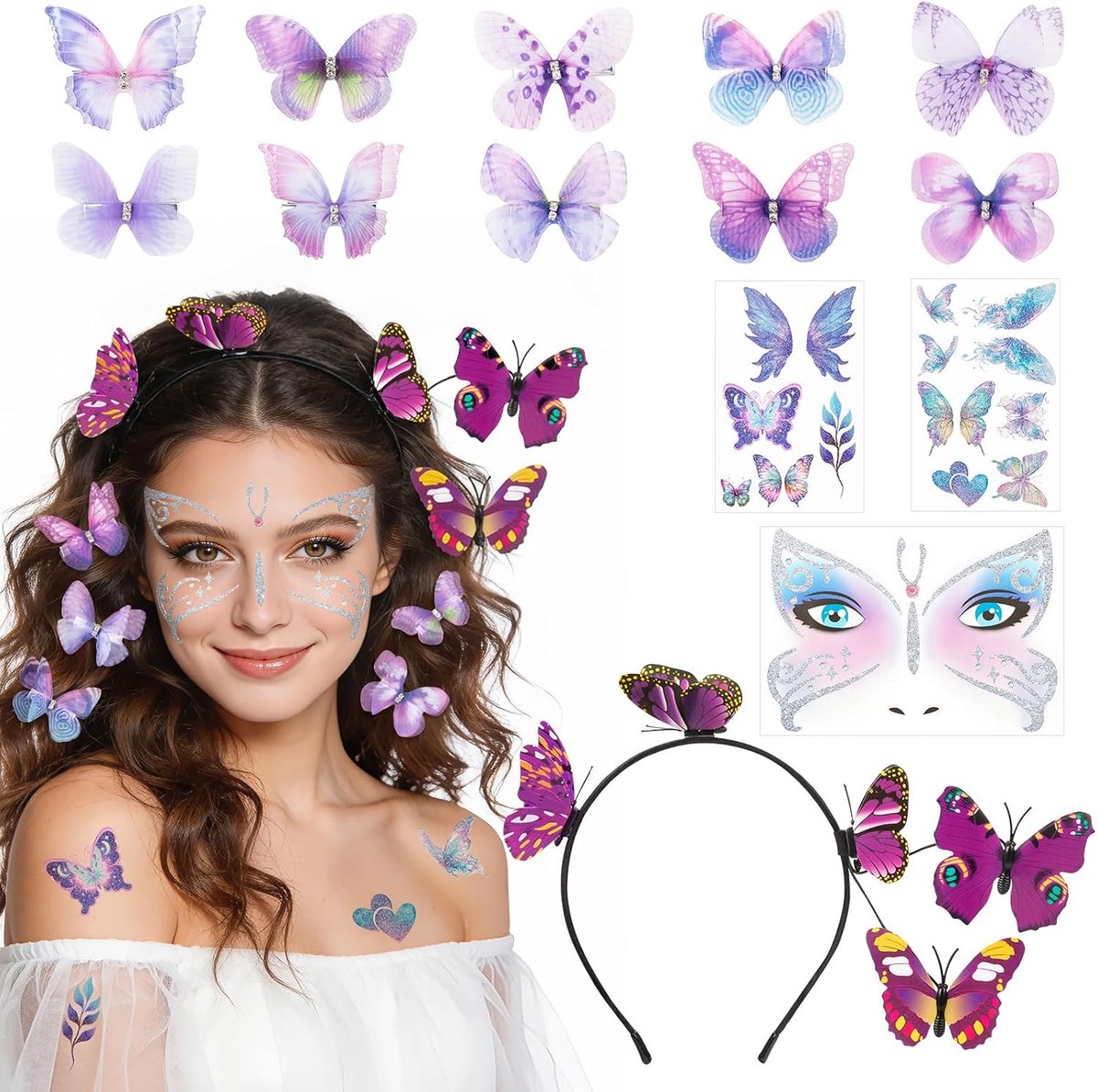 14-delig vlinderkostuum, kleurrijk, vlinderhoofdband voor dames, tijdelijke tatoeages voor carnaval, Halloween-kostuum