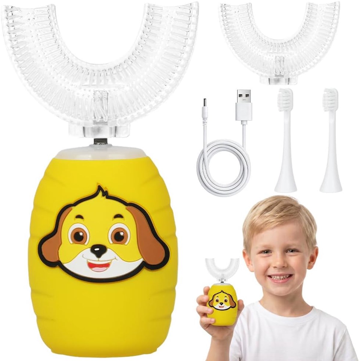 Elektrische tandenborstel kinderen,met timer,3 borstelkop,IPX7,geel | U-vormige, ultrasone automatische tandenborstel, 3 modi, IPX7 waterdichte oplaadbare kinder tandenborstels voor 2-6