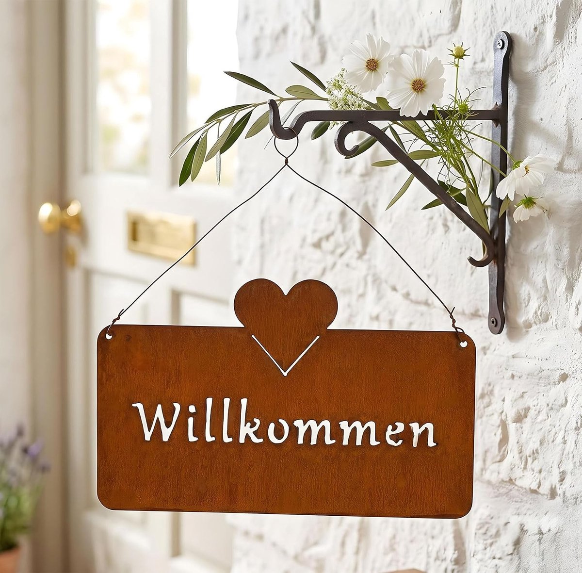 Schild Welkom - Roestbruin - 25 x 16 cm - Metalen Wanddecoratie met Hartmotief - Voor Buiten