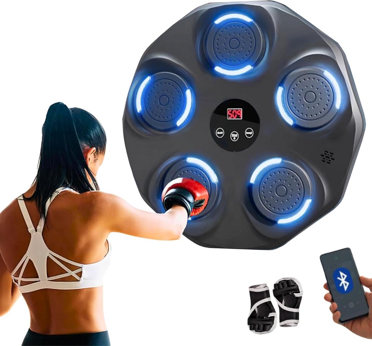 Muziek Boksmachine - Bokstrainer LED - Thuis sporten - Verlichting op ritme - 43 x 43 x 8.5 cm - Zwart