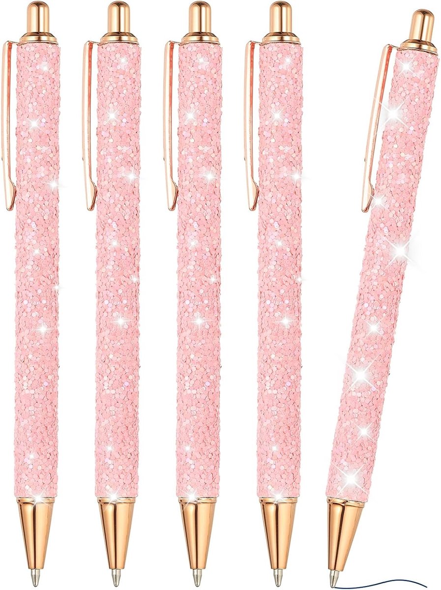 Glitter Balpen, 5 stuks sprankelende fancy pailletten glitter pen intrekbare pers metalen journaling schrijfpennen zwarte inkt voor vrouwen meisjes kantoor verjaardag, roze