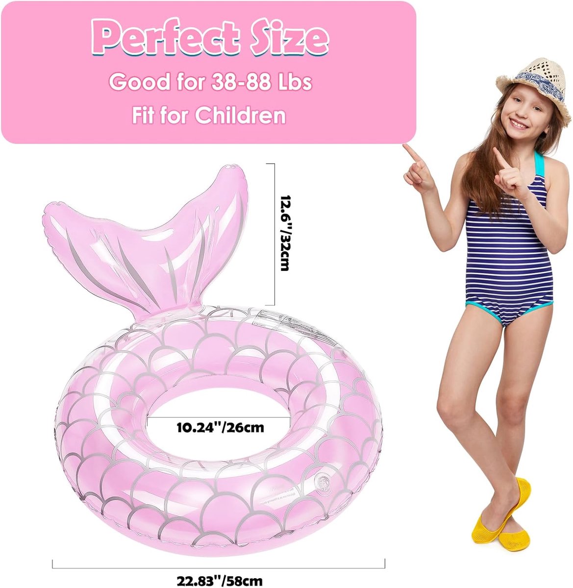 Mermaid Pool Float, 2 Pack Mermaid Tail Shaped Pool Swimming Float Tube Ring Floatie, Summer Water Fun Beach Party Swimming Pool Toys for Kids Water Activities, Pink + Purple