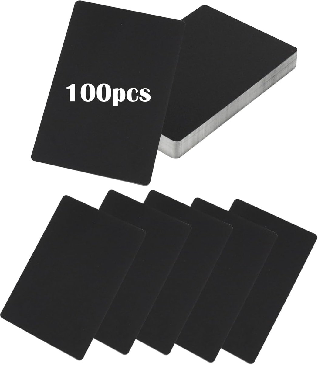 Visitekaartjes, 100 stuks metalen kaarten 8,6 x 5,4 cm, aluminiumlegering, dikte 0,21 mm, metalen visitekaartjes, lasermateriaal, zwart gekleurd lasergegraveerd visitekaartje