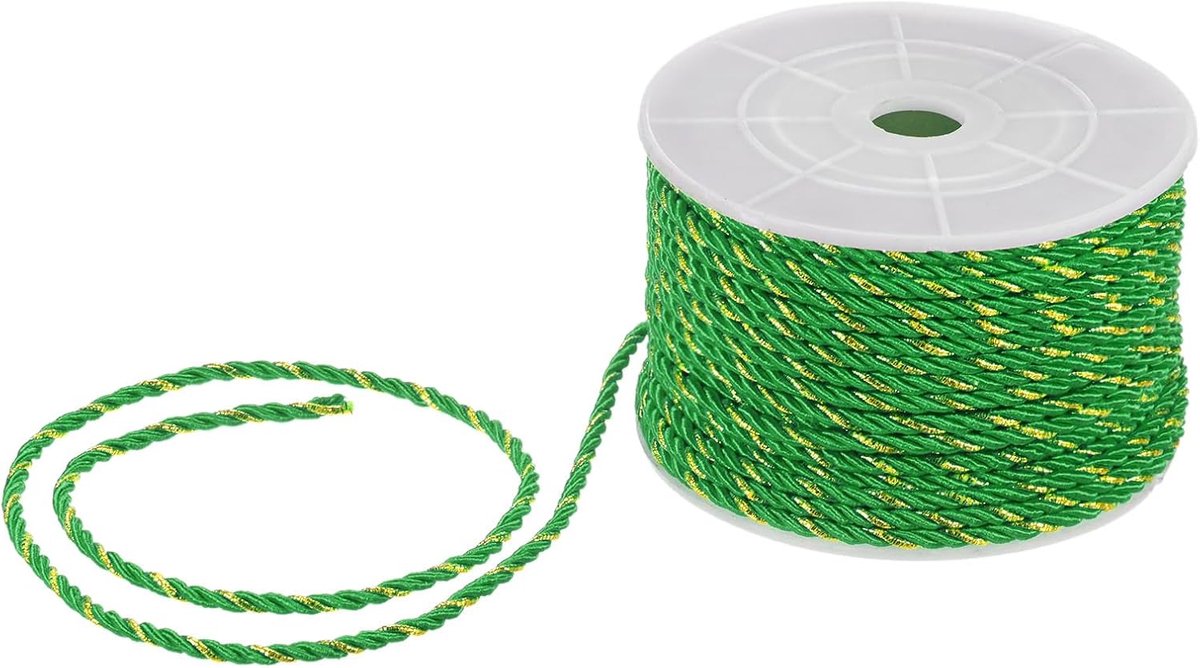 METERXITY 22 Yards Twisted Rope Trim, 3mm/0.12" Groen en Goud Zacht Polyester Gedraaid Zijden Touw Koord 3-laags Decoratief Koord voor Gift Bag/DIY Crafts/Home Decor/Gordijn Tieback