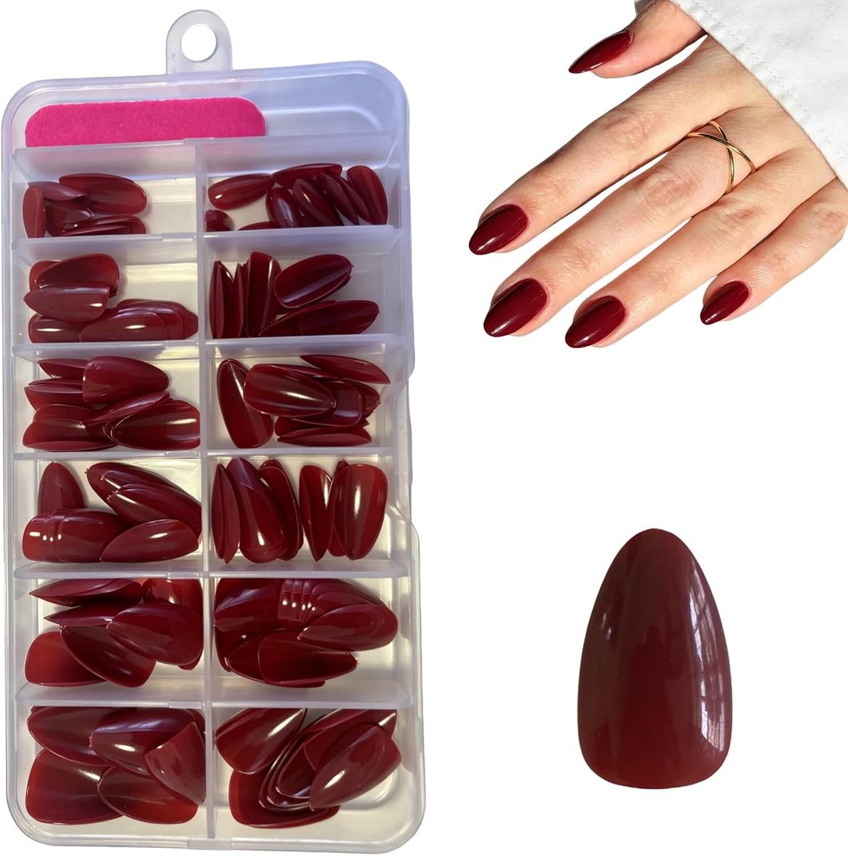 nagels, SanFangyue 120 stuks wijnrode amandel kunstnagels kort, kersenwijn stick on nagels set, Franse tip nagel voor vrouwen