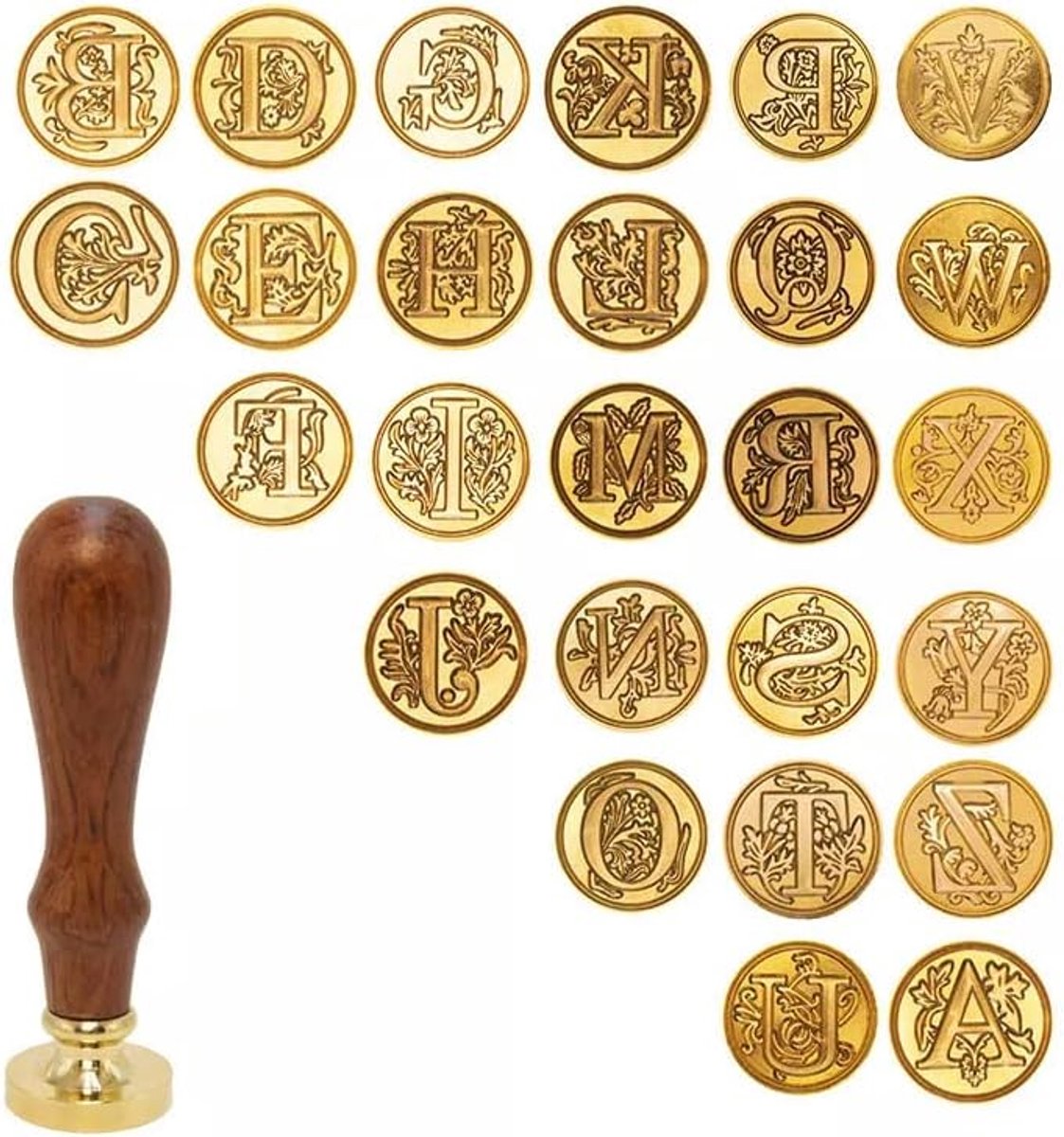 Wax Seal Stamp Kit, 12 stuks planten zegellak stempels hoofden koper met 1 houten handvat, retro wax stempel kit geschenkdoos voor postzegels, antiek manuscript, wenskaarten