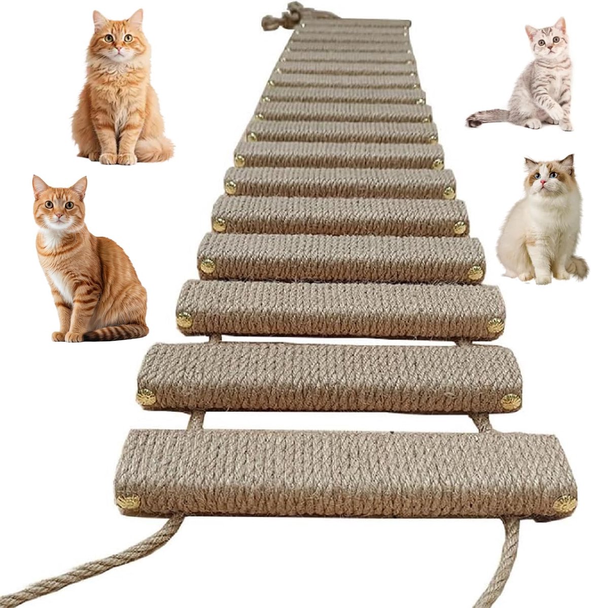 kattenladder 100 cm, klimladder & kattentrap voor muur, balkon, binnen en buiten, krabpaal vervanging met klimnet, hangbrug voor katten activiteit, voor huiskatten, voor woning en tuin