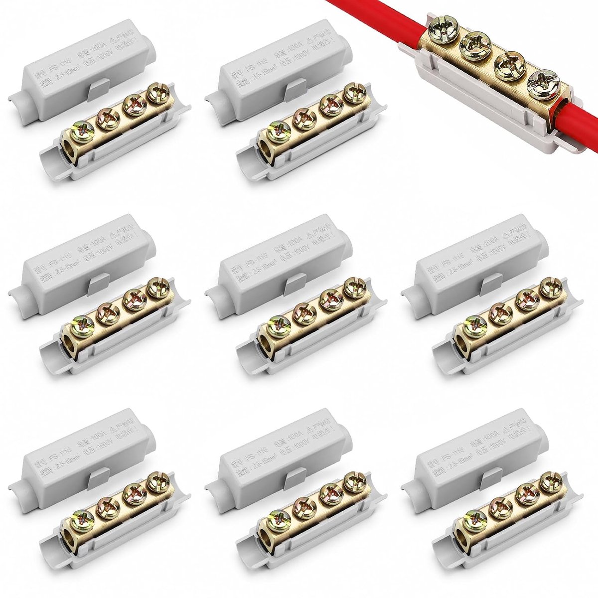 8 stuks doorgangsverbinders, klemblok kaprail, 2-polig, 100 A, 1000 V, kabelverbinder, klemstrip voor 2,5 tot 16 mm², hoofdleidingsaftakklem, voor elektrische installatie