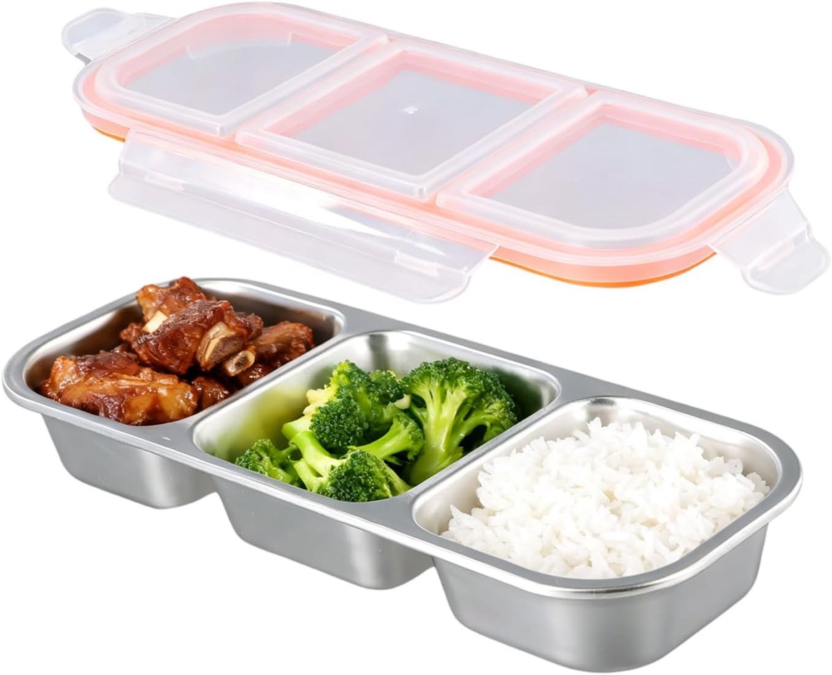 Snackbox met 3 vakken van roestvrij staal, Bento Box met deksel, herbruikbare onderverdeelde snackdoos, voedselveilige broodtrommel voor kinderen, draagbare lunchbox voor werk, school, reizen en