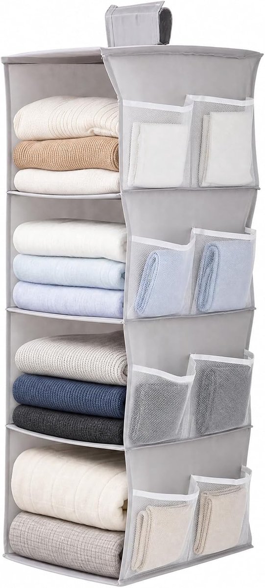Hangrek kledingkast, hangopslag, hangende kastorganizer met 9/12 mesh-zijvakken, opvouwbaar hangrek, hangopslag, kastorganizer voor truien, kleding (4 vakken)