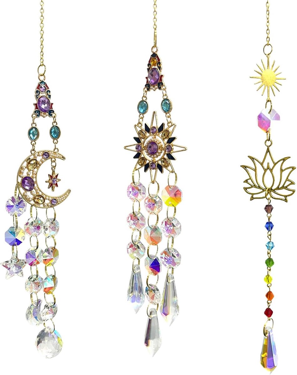 2 Gekleurde Diamanten Ster En Maan Hangers En 1 Lotus Gekleurde Parel Hanger, Raamglas Regenboog Licht Decoratie, Laser Reflecterende Zon Catcher.