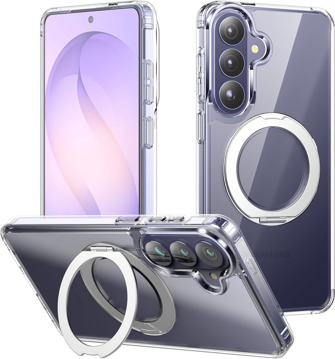 Hoesje ontworpen voor Samsung Galaxy S26 Plus, 360° magnetische ringstandaard compatibel met Magsafe, kristalheldere harde achterkant + TPU-bumper schokbestendig telefoonhoesje voor Galaxy S26+