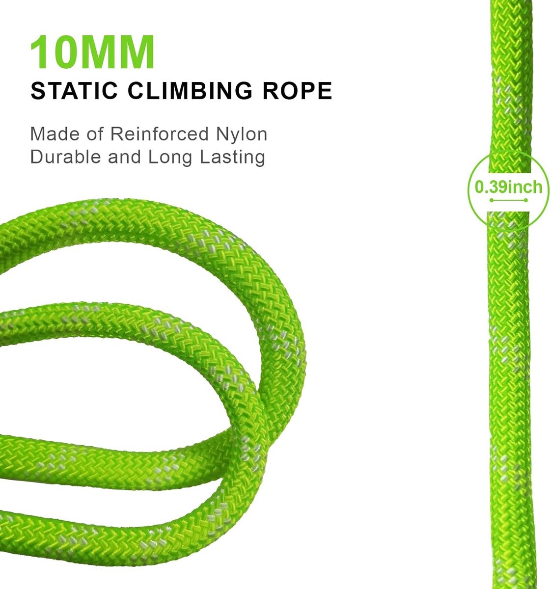 50m Statisch Klimtouw 10mm met 2 Karabijnhaken, UIAA | hoogsterkte nylon, slijtvast en uv‑bestendig, fluorescerend groen, voor kamperen en noodsituaties
