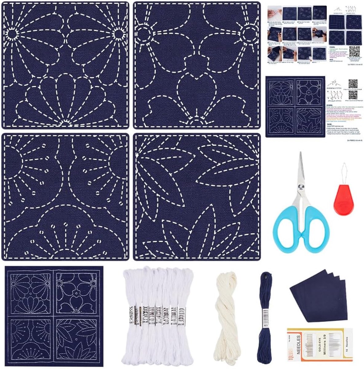 Set van 4 Sashiko onderzetters, doe-het-zelf set met handleiding (mogelijk niet beschikbaar in het Nederlands), voorgedrukte Sashiko-set voor beginners, naai-oefenproject