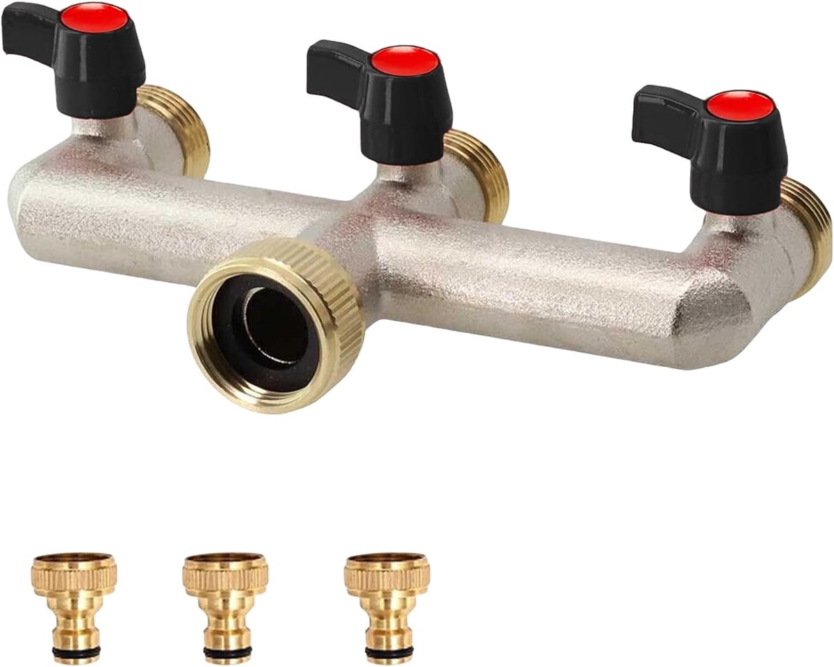 3-weg kraan waterverdeler: 3/4 inch waterverdeler van messing met 3 individuele afsluitkranen, verdeler water messing wateraansluiting voor het instellen en afsluiten van de waterstroom