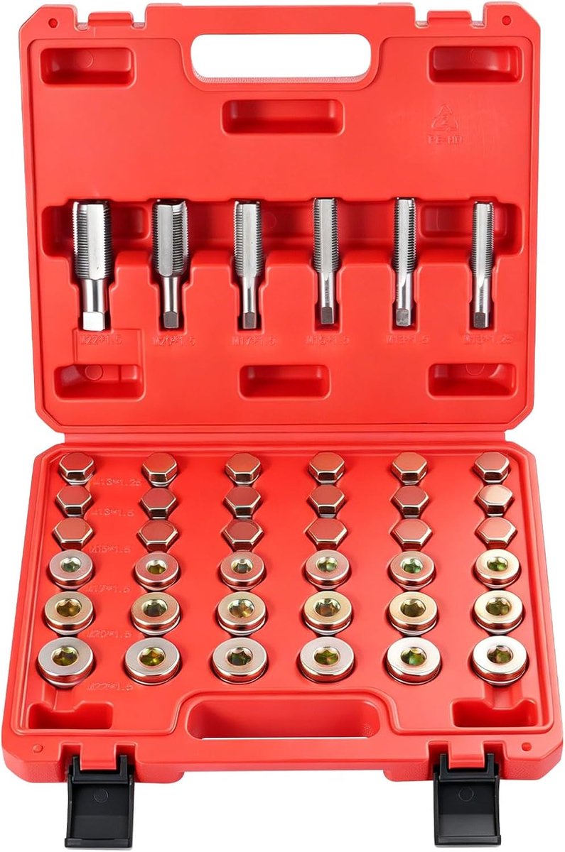 114-delige oliekan, schroefdraadreparatie, oliebeschroef, reparatieset, M13 x 1,25, M13, M15, M17, M20, M22 x 1,5, oliekuipschroefdraad en schroefdraadboor