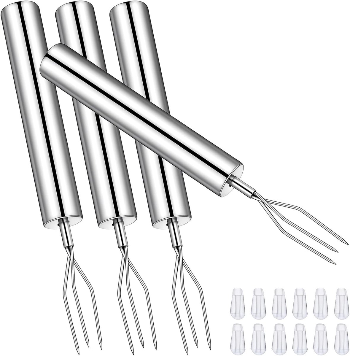 4 stuks pelaardappelvork met veiligheidskappen 14 cm roestvrij staal aardappelvork driepuntige maïsvork herbruikbaar draagbaar grillgereedschap voor groenten barbecuegerechten (4)