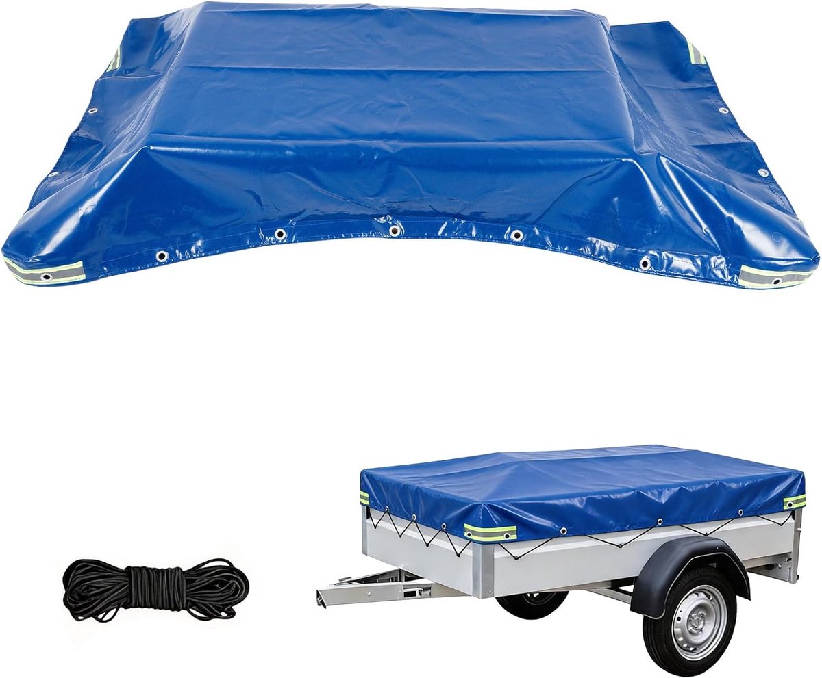 Afdekzeil voor aanhangers van pvc, 207,5 x 114 x 10 cm, extra sterk, 500 g/m², waterdicht en scheurvast, blauw, met 4 reflecterende strepen, aluminium ogen en 6 mm expandertouw, professioneel dekzeil