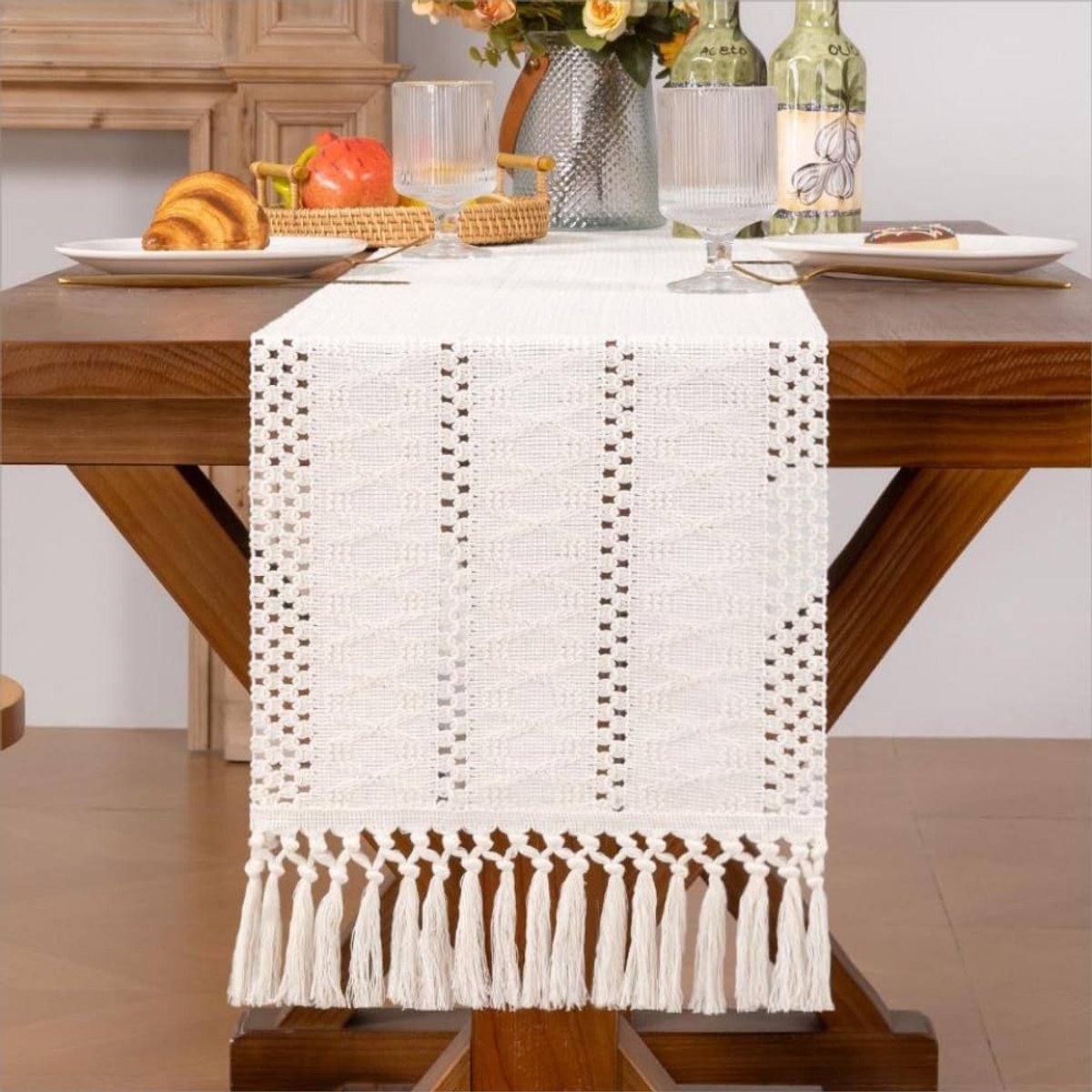 macramé tafelloper 30 x 183 cm, katoenen linnen boerderij geweven tafelloper met kwastjes voor bruiloftsfeest, eettafeldecoratie, woondecoratie dagelijks gebruik, lichtbeige