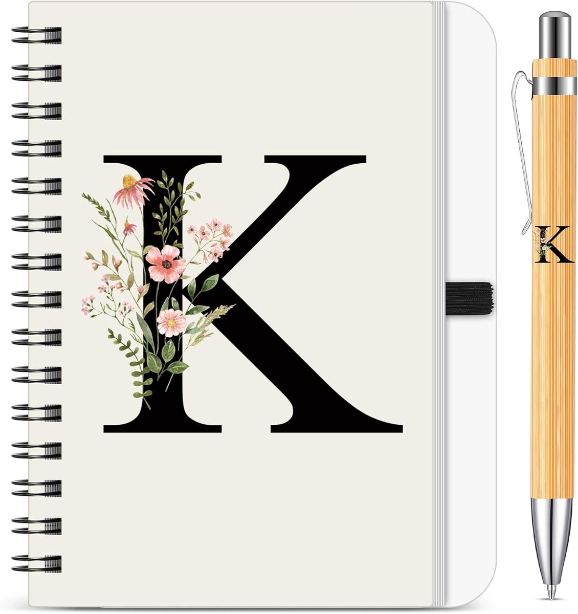 Gepersonaliseerd Initiaal K Notitieboek en Penset, Bloemen B6 Spiraalnotitieboek met Bamboe Pen Briefcadeau voor Vrouwen Mannen Kerstmis Verjaardag Valentijnsdag