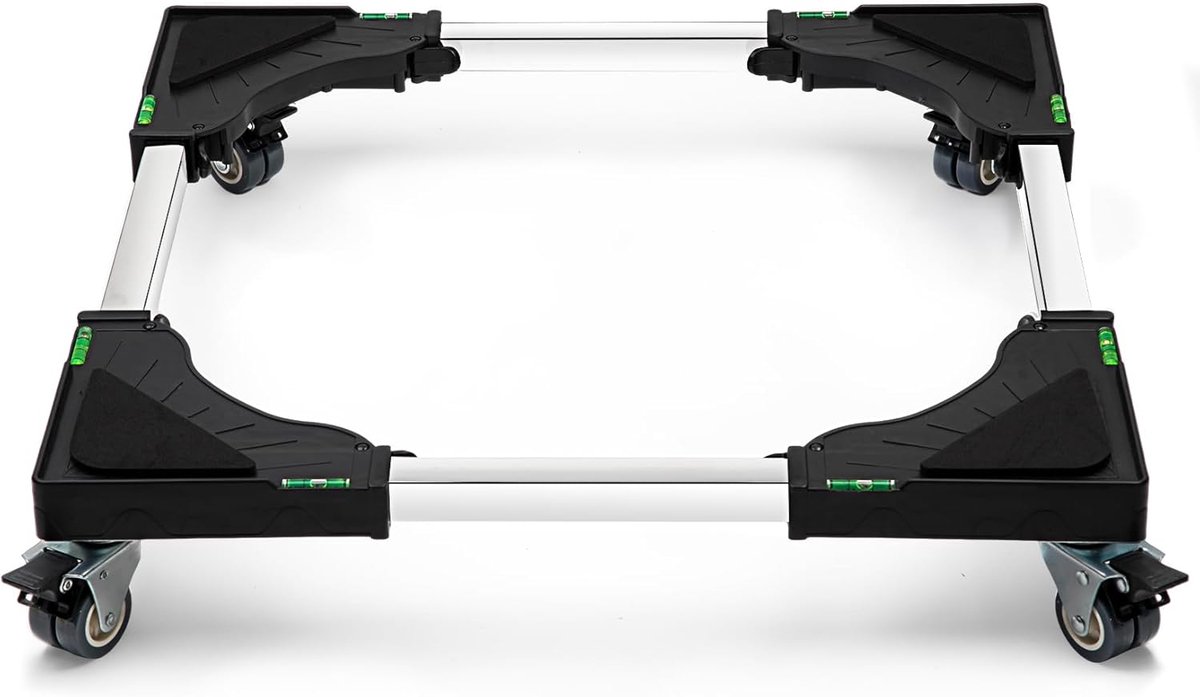 Waswagen met 4 vergrendelbare zwenkwielen, sokkel voor wasmachine, trillingsbescherming, verstelbaar van 40-60 cm, maximale capaciteit 200 kg, wasmachine, droger, koelkast, zwart