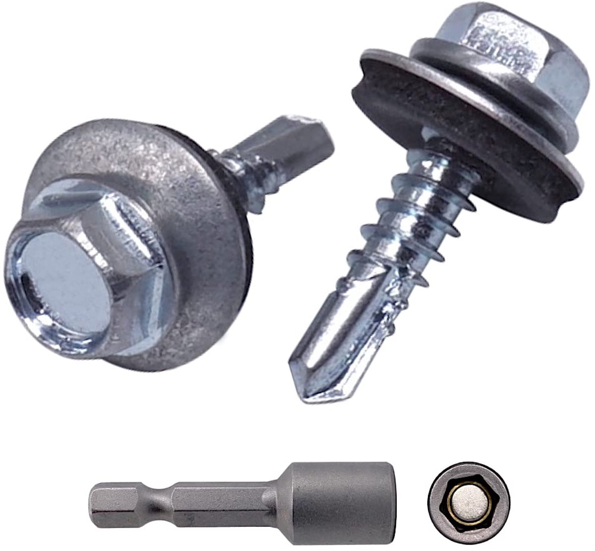 (Verpakking van 80 stuks) DIN 7504-K verzinkt staal 4,8 x 20 mm zelfborende schroeven met EPDM ringen, zeskantspoelkop, plaatschroef, zelftappend (80, 4,8 x 20 mm), zilver