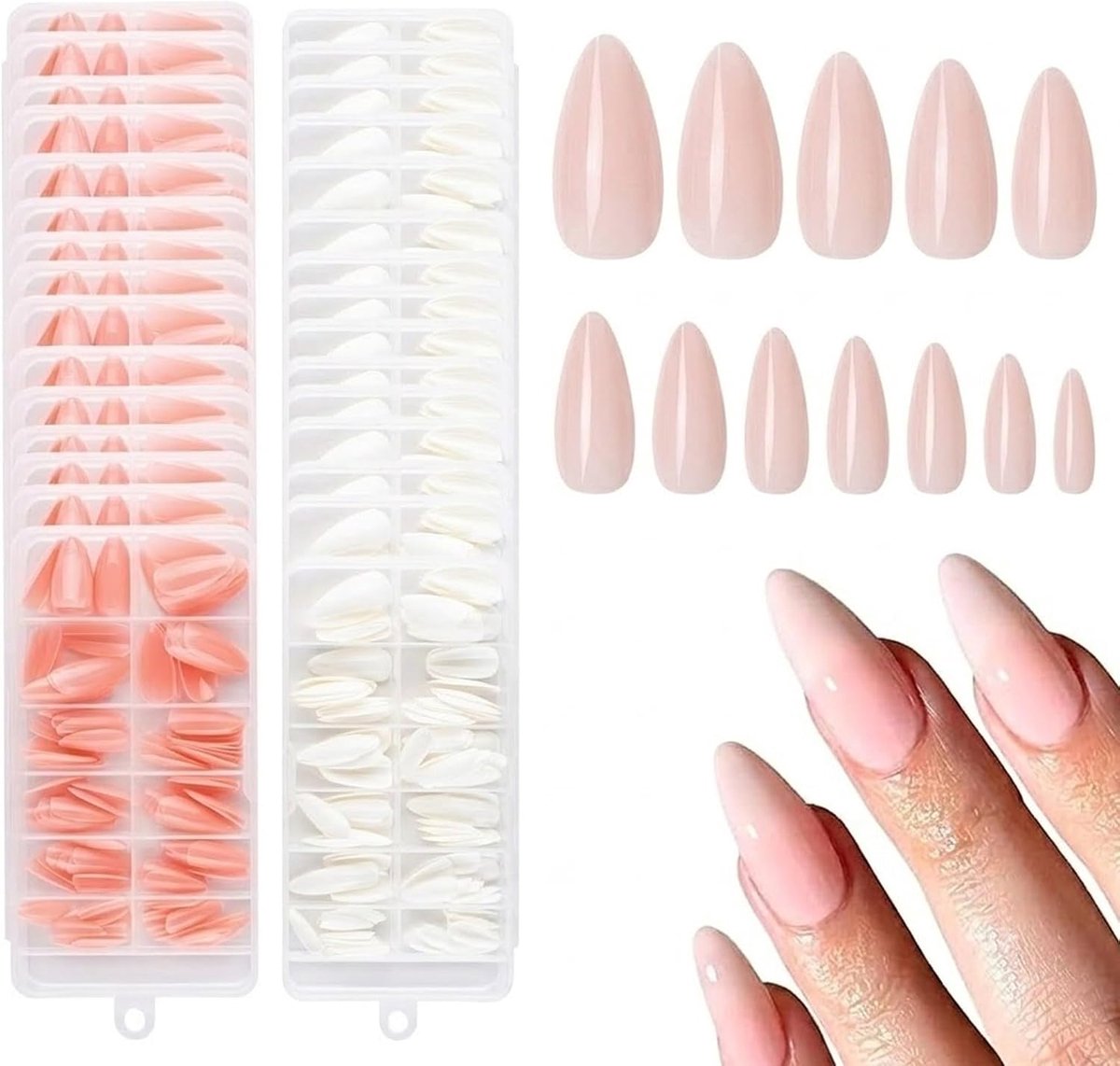 240 stuks kunstnagels om op te drukken, amandelvorm, press on nails, wit en roze, complete set met 3 vellen gelei, vijl en stokje, kunstnagels voor manicure, doe-het-zelf, vrouwen