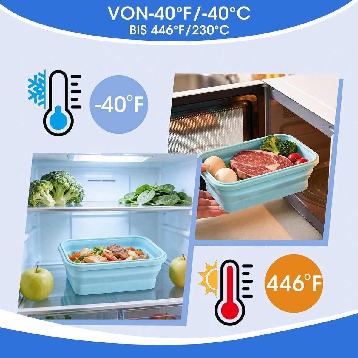 2 opvouwbare broodtrommels 800 ml - Bento box van silicone, magnetronbestendige, lekvrije lunchbox - Opvouwbare voedselcontainers met deksel voor kantoor, camping, picknick en keuken (Blauw)