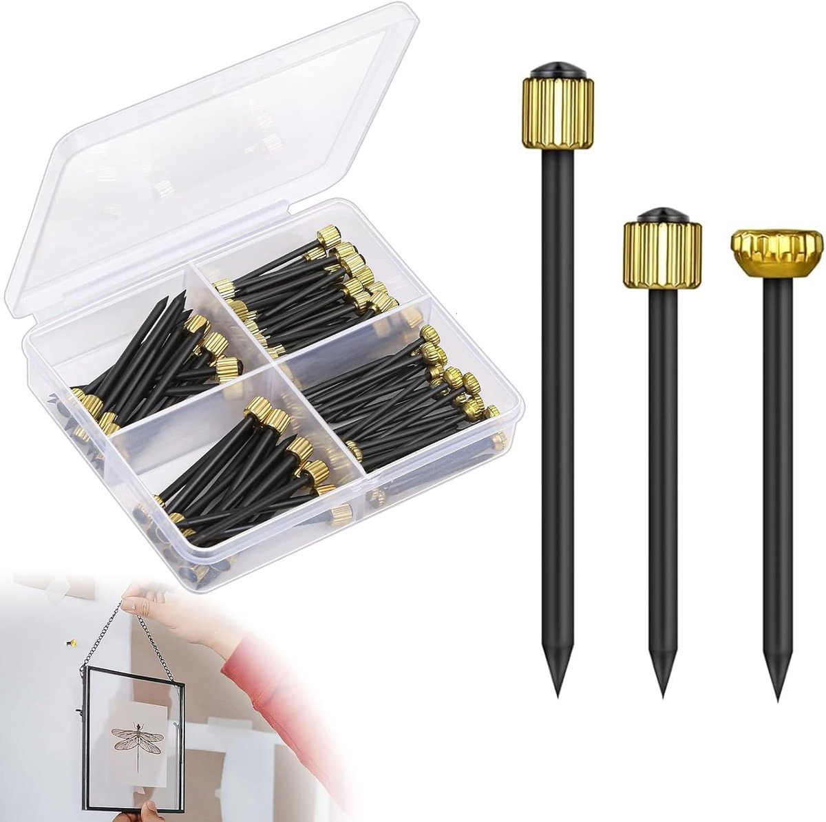 150 stuks foto-hangende nagelset, messing kop fotospelden, robuuste fotolijstnagels met plastic opbergdoos voor houtbewerking en hangende fotolijsten