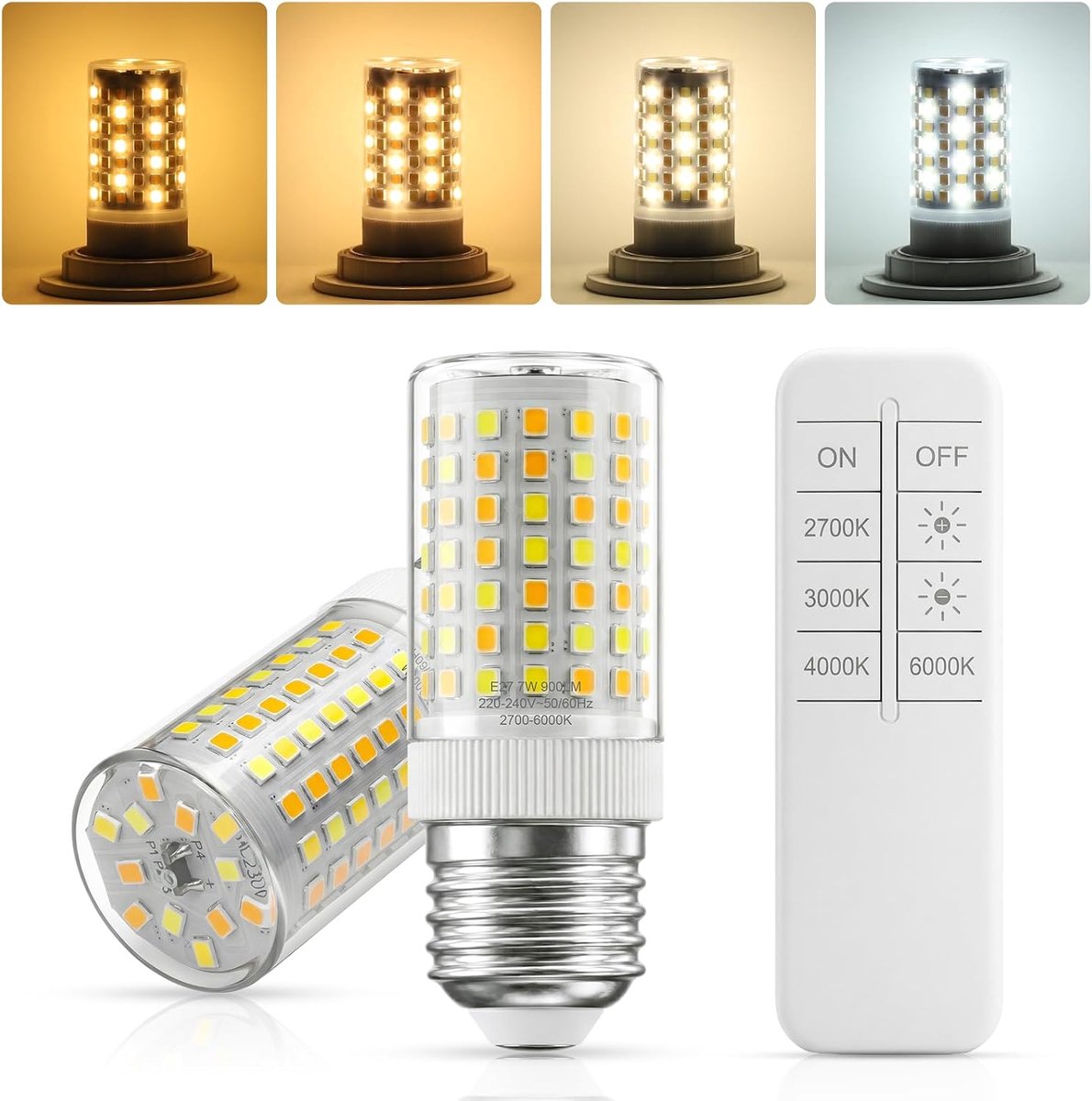 E27 LED Dimbaar met Afstandsbediening, 7W (900lm) Vervangt 60-70W, CCT 2700K-6500K (Warm Wit tot Daglicht), Ideaal voor Woonkamer, Slaapkamer, Keuken, 220-240V, 2-Pack