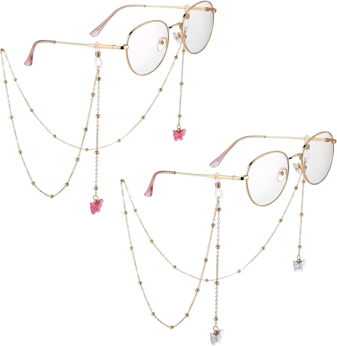 Brillenketting met vlinderparels voor dames, 2 stuks, gouden brillenketting voor dames, dunne brilketting, parelketting, brillenketting voor bril, modieuze brilkettingen, brillenketting voor