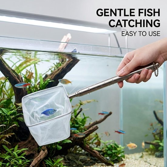 1 Stuks Aquarium Schepnet met Telescoopsteel, Vierkant Visnet van Roestvrij Staal, Fijnmazig Garnalennet voor Visbakken, Klein Vijver Schepnet voor Voeren en Vissen, Robuust Accessoire — afbeelding 2